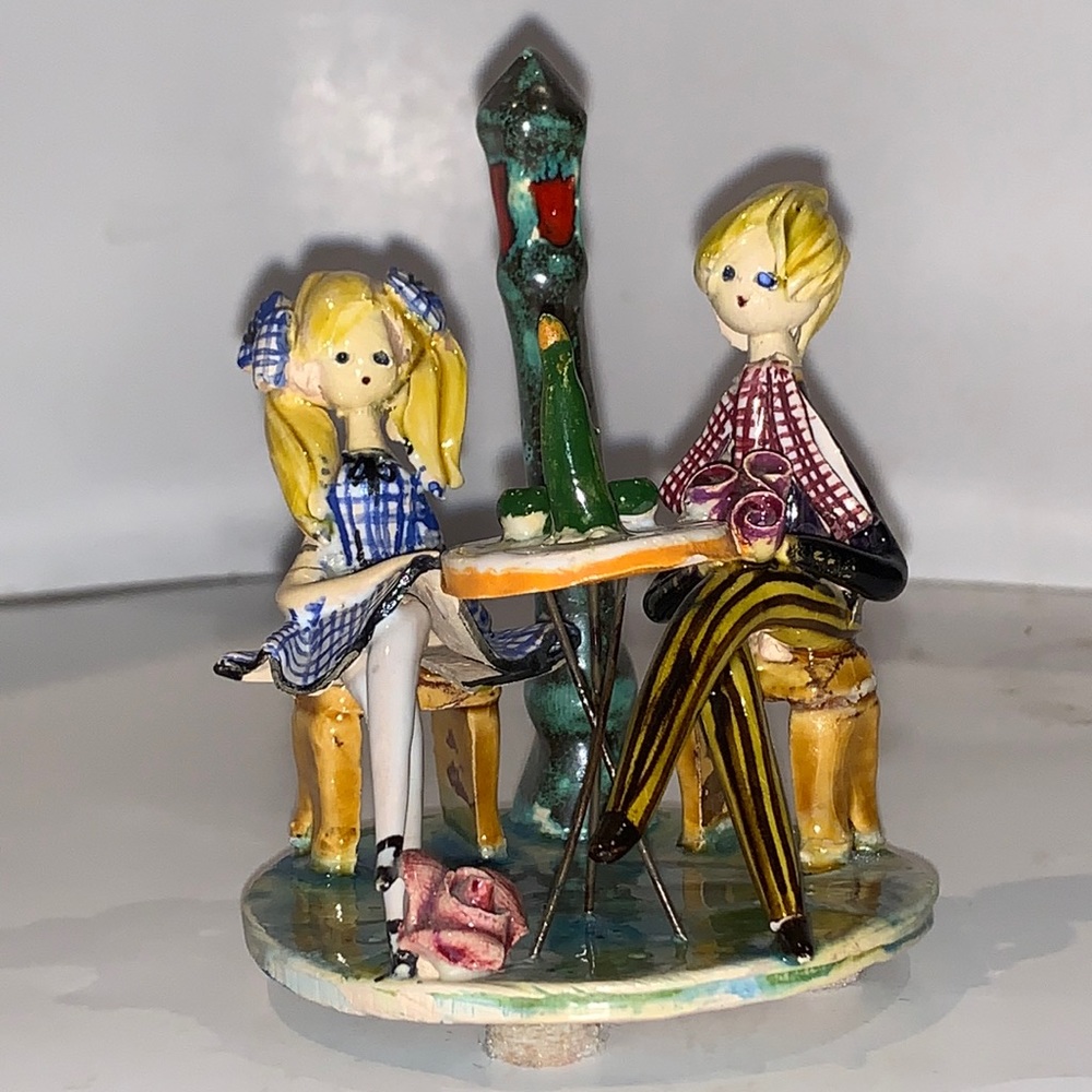 Vintage MCM Lucien Neuquelman Paris ceramic boy & girl sitting at a cafe